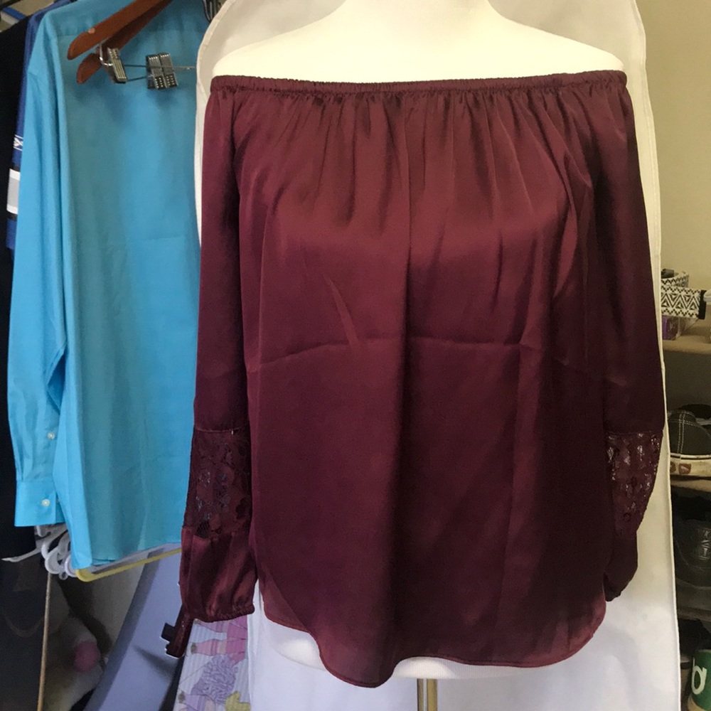 Burgandy satin look long sleeve shirt size medium